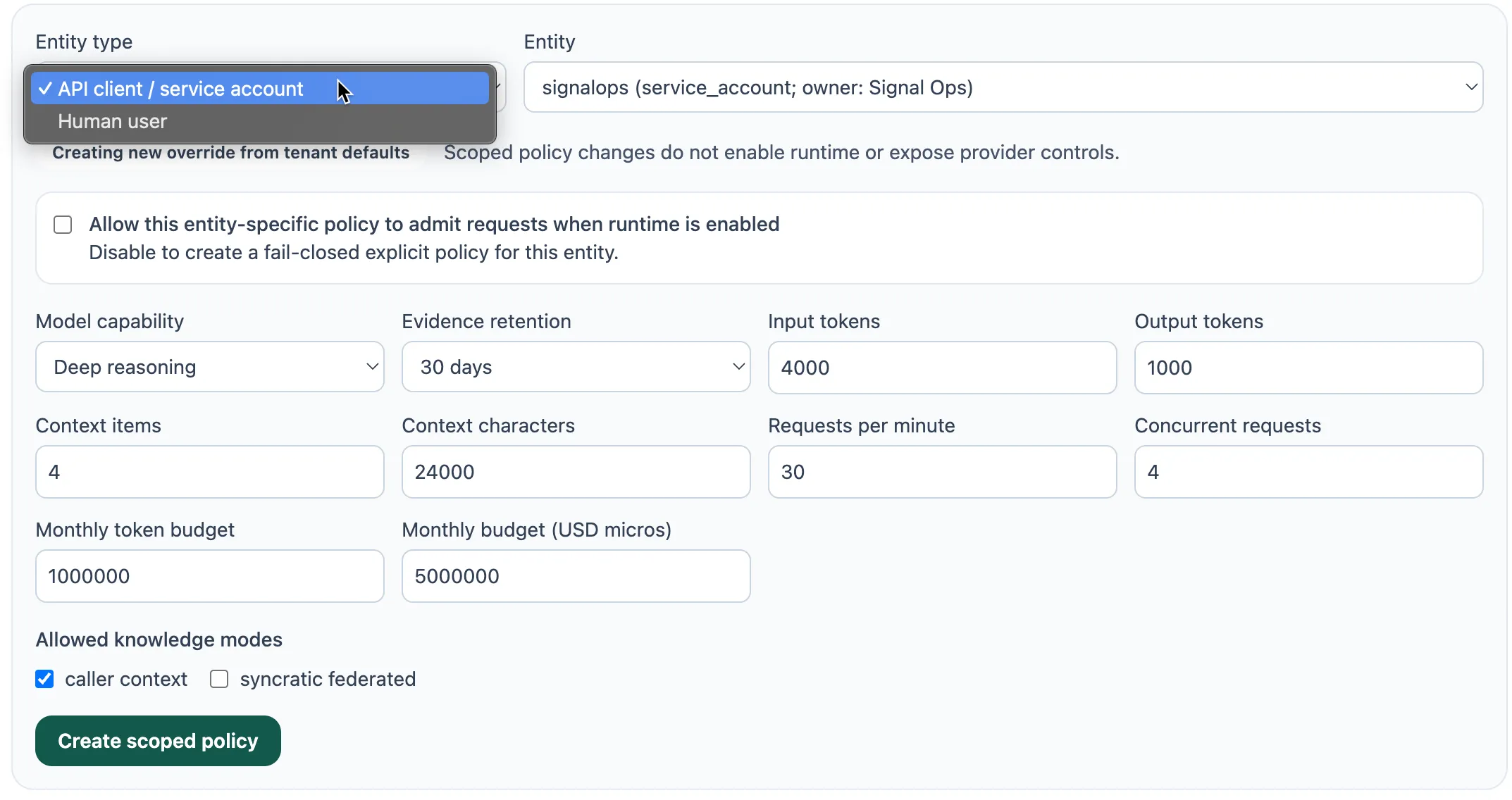 AI Gateway entity policy design: per-application and per-user rules layered on tenant policy